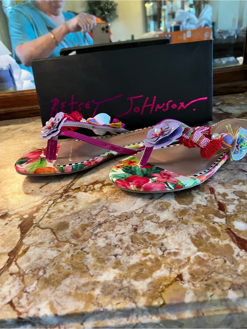 Betsey Johnson Pink Multi Floral Beaded Slide Sandals - Picture 4 of 14